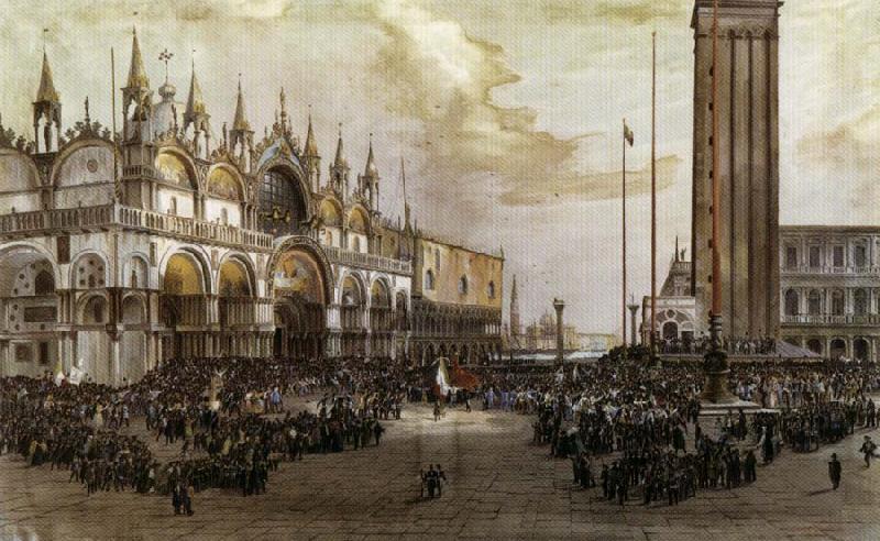 Luigi Querena The People of Venice Raise the Tricolor in Saint Mark's Square Sweden oil painting art